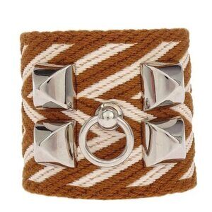 Hermes Brown Toile Collier De Chien ZigZag Manchette Bangle T2 DFM 117050
